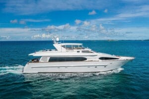 Luxurious superyacht cruising in Miami waters, perfect for exclusive yacht charters and rentals.
